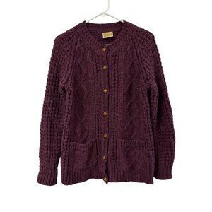 Vtg 90s Falcarragh Womens Wool Cardigan Purple Fisherman Cable Knit Med Ireland